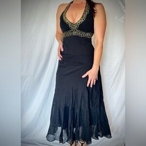 Glamor Angel Black Gold Halter Maxi Dress
